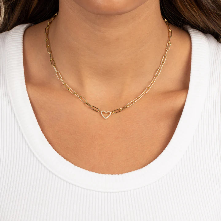 Pave Heart Paperclip Necklace in Gold