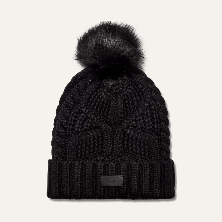 Cable Beanie with Pom in Black