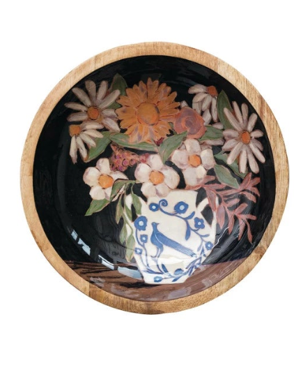 Flower Enamel and Wood Bowl