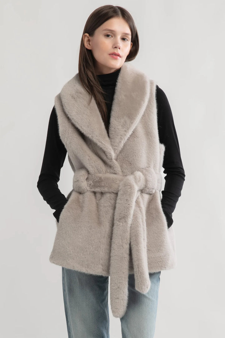 Belted Faux Fur Vest in Grey