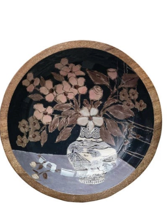 Flower Enamel and Wood Bowl