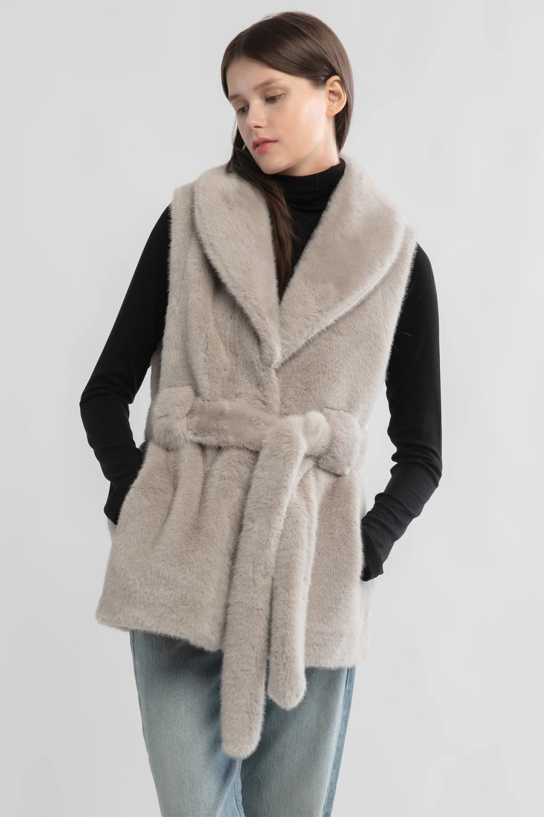 Belted Faux Fur Vest in Grey