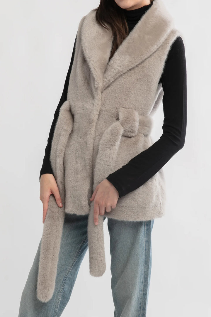 Belted Faux Fur Vest in Grey