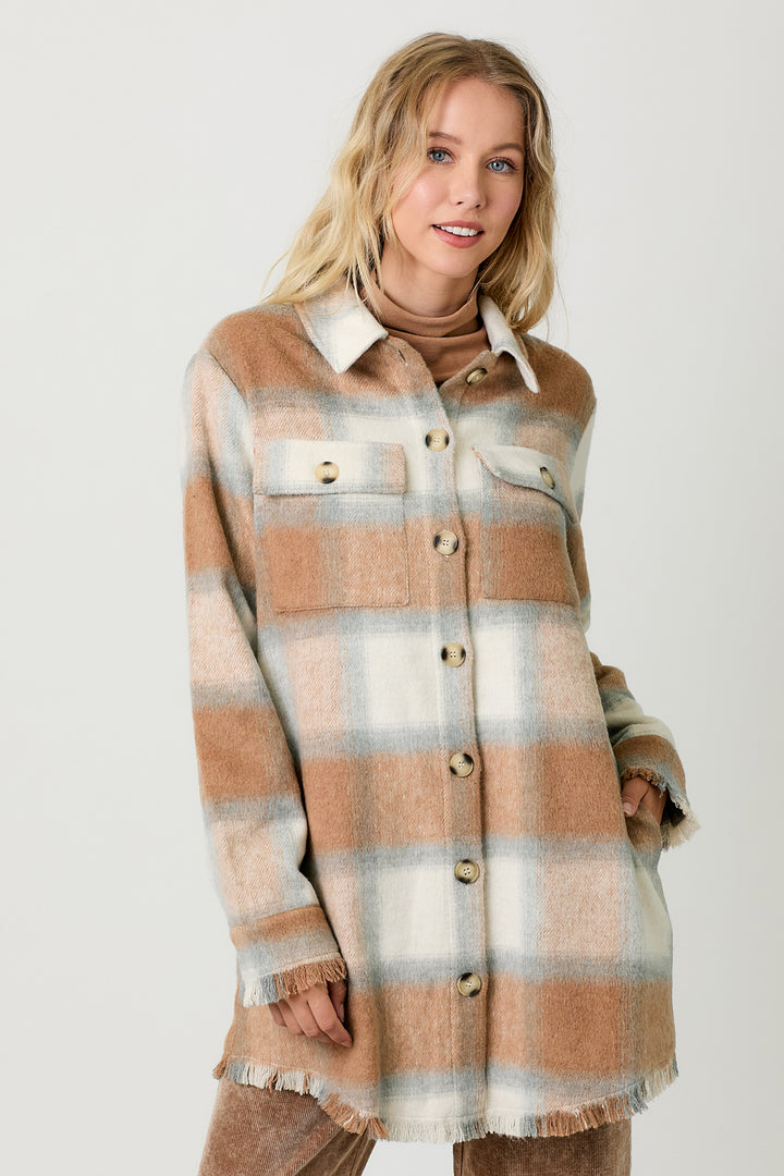 Maya Long Plaid Jacket in Latte