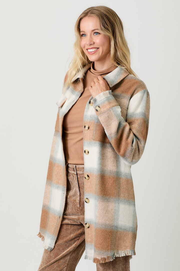 Maya Long Plaid Jacket in Latte