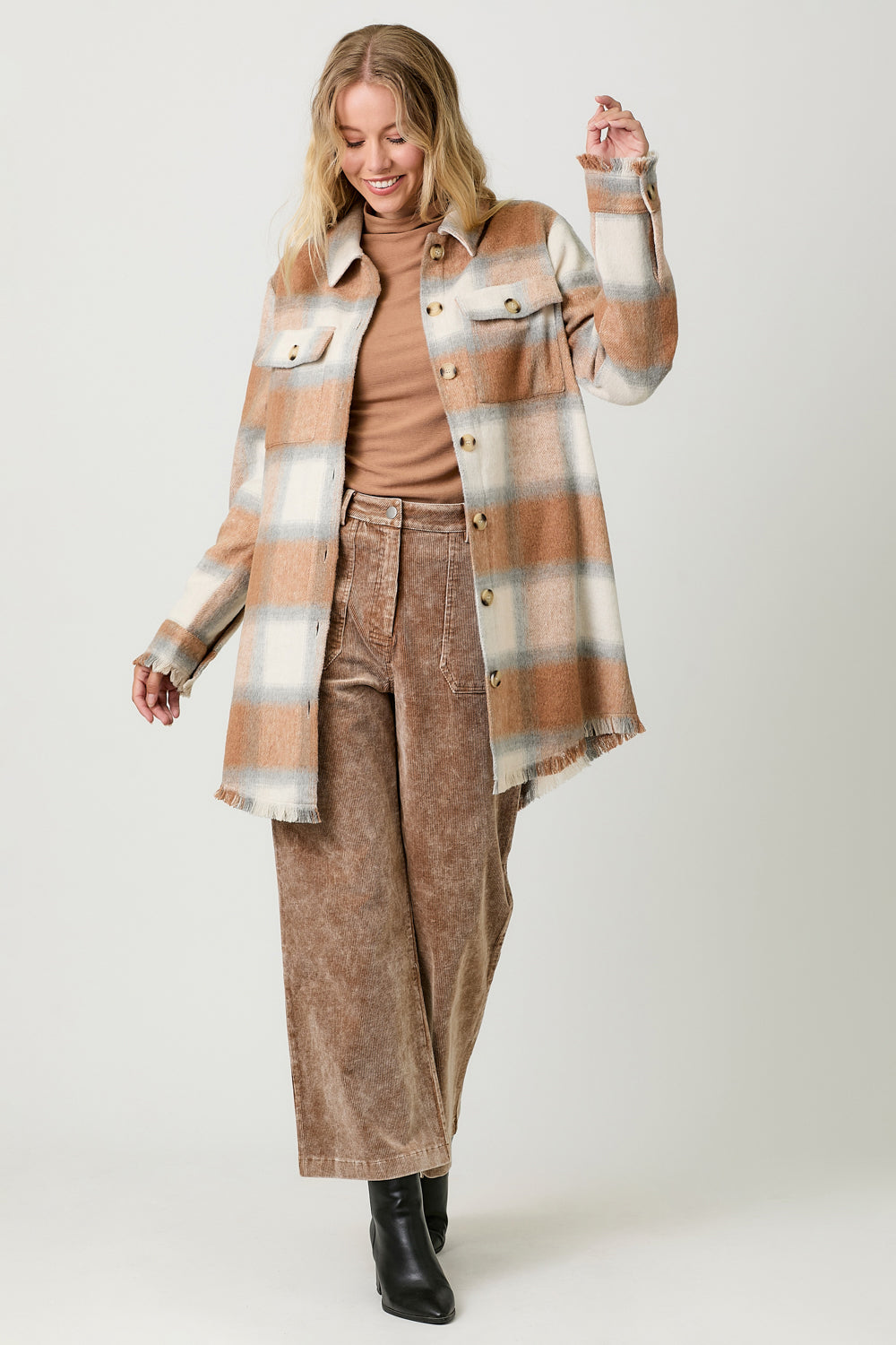 Maya Long Plaid Jacket in Latte