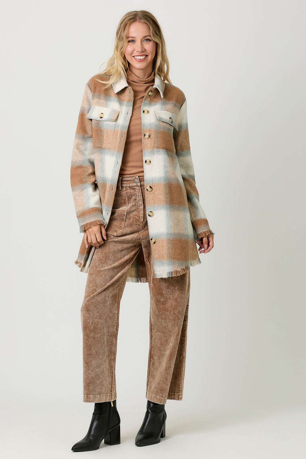 Maya Long Plaid Jacket in Latte