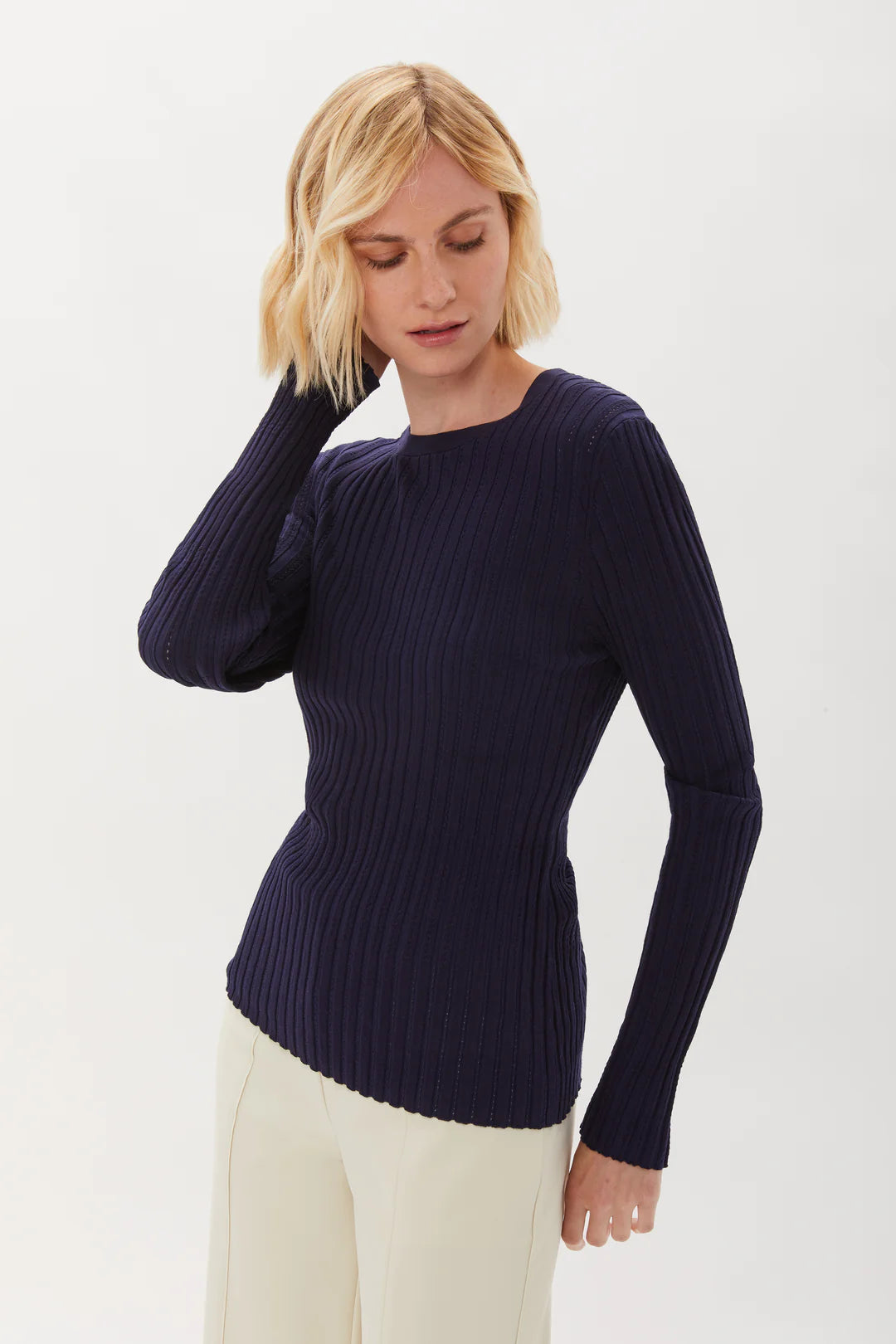 Long Sleeve Pointelle Rib Crew in Blue