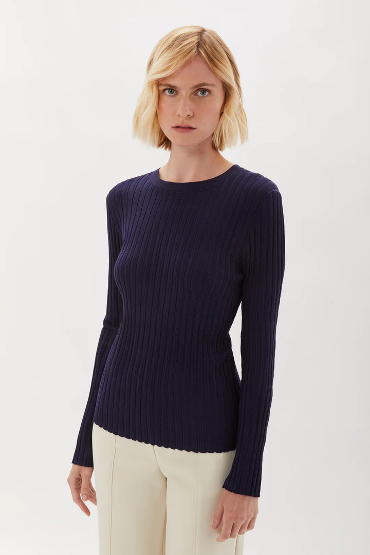 Long Sleeve Pointelle Rib Crew in Blue