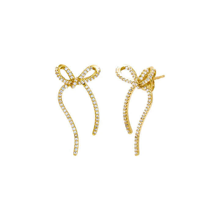 Pave Long Bow Tie Drop Stud Earrings