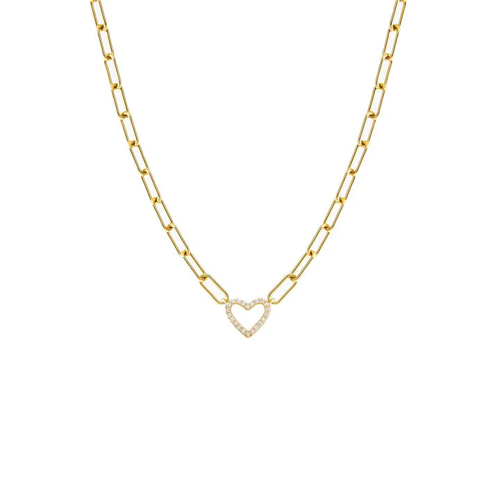 Pave Heart Paperclip Necklace in Gold