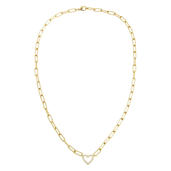 Pave Heart Paperclip Necklace in Gold