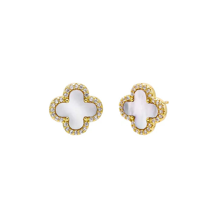 Pave Four Leaf Clover Stud Earrings in Mother of Pearl Gold