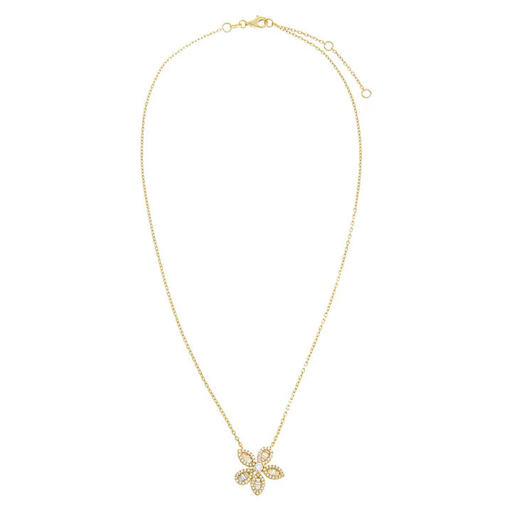 Pave x Baguette Fancy Flower Pendant Necklace in Gold