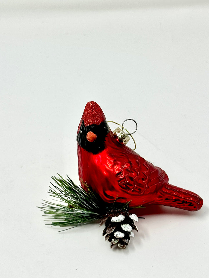 Cardinal Ornament with Pinecone