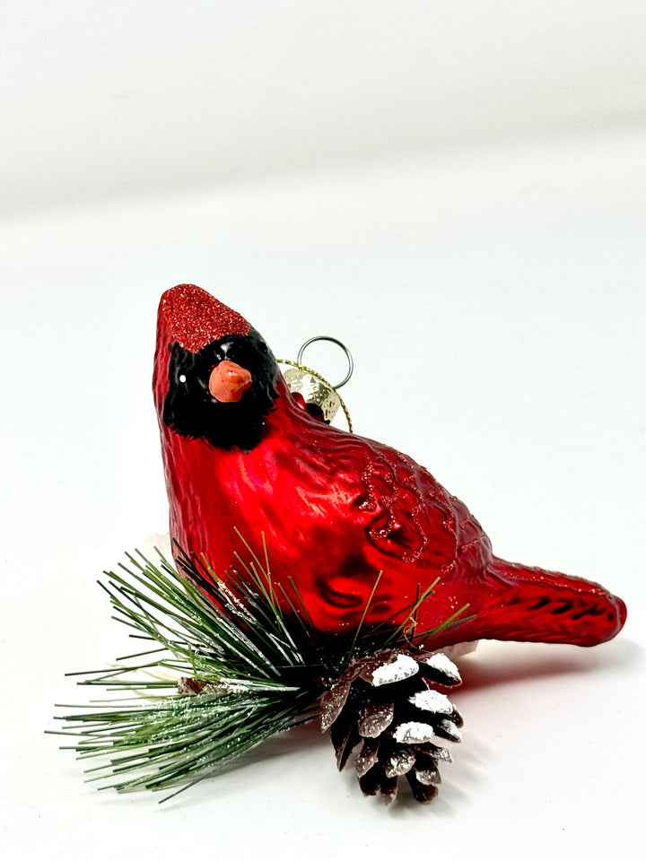 Cardinal Ornament with Pinecone