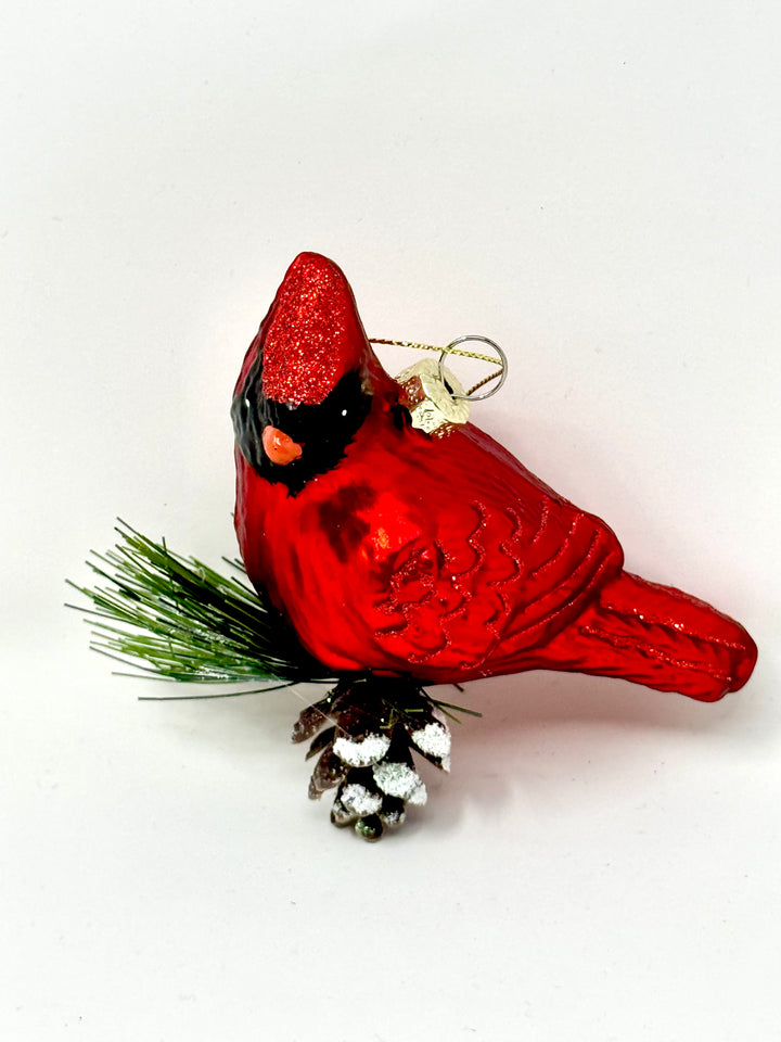 Cardinal Ornament with Pinecone