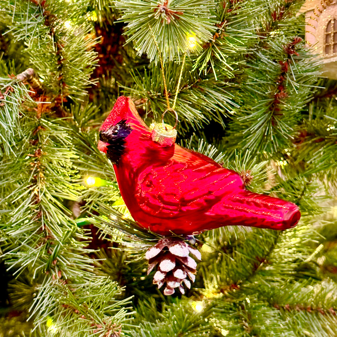 Cardinal Ornament with Pinecone