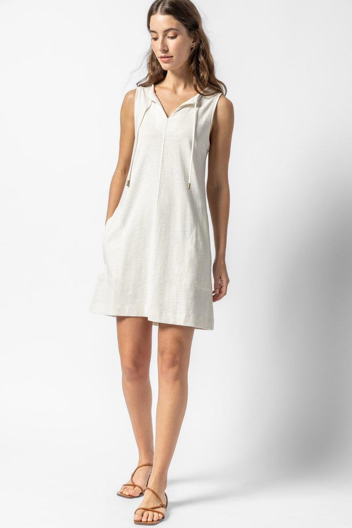 Split Neck Sleeveless Dress in Ecru