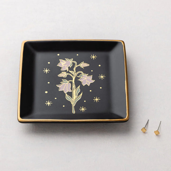 Flower Dish & Gold Earring Set in Black