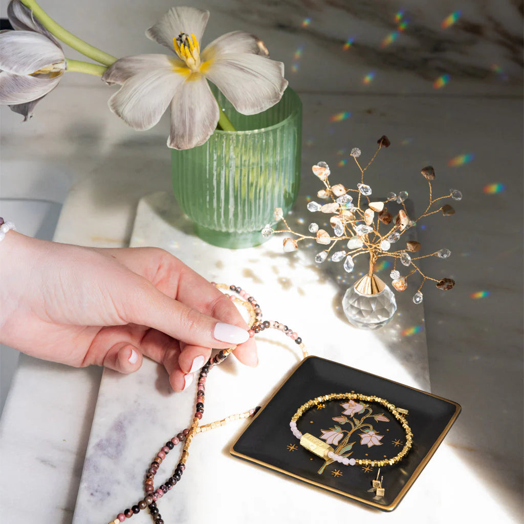 Flower Dish & Gold Earring Set in Black