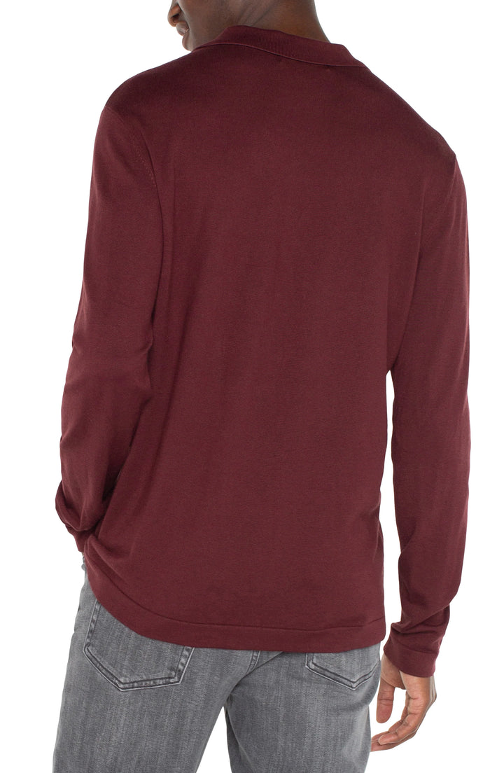 Long Sleeve Sweater Knit Polo in Burgundy