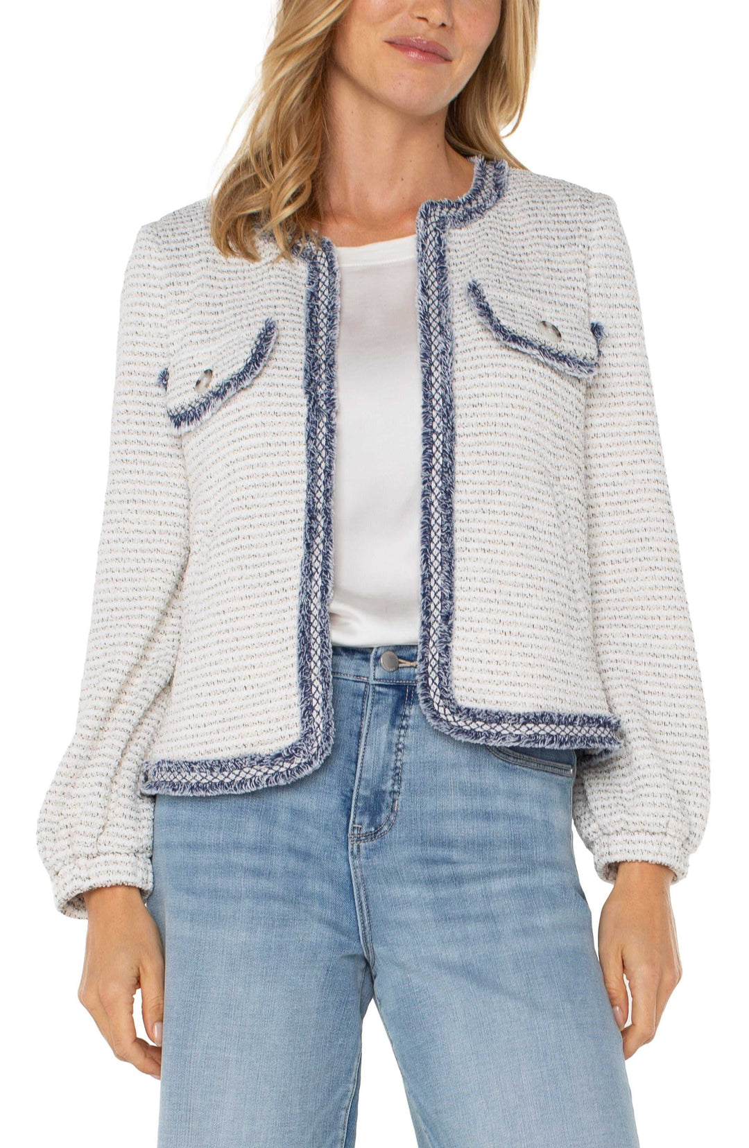 Cream Navy Boucle Collarless Frayed Jacket