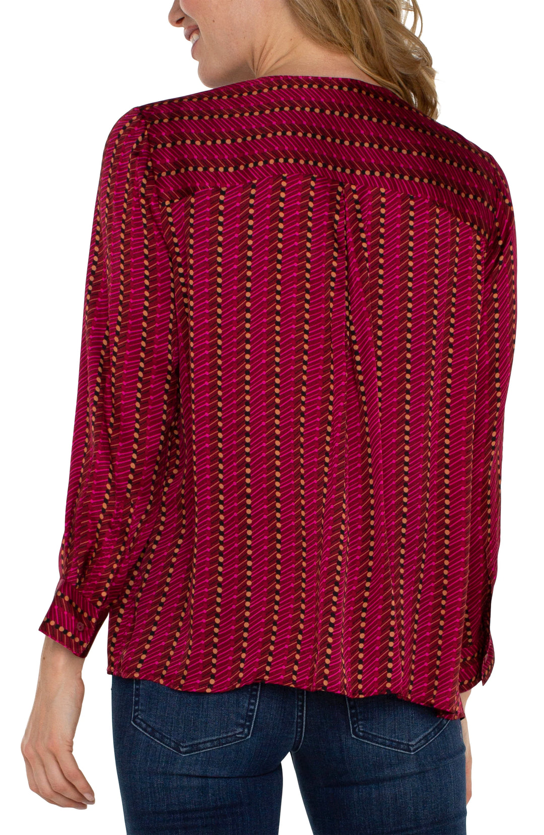 Long Sleeve Popover Woven Blouse in Ruby Dotted Stripe