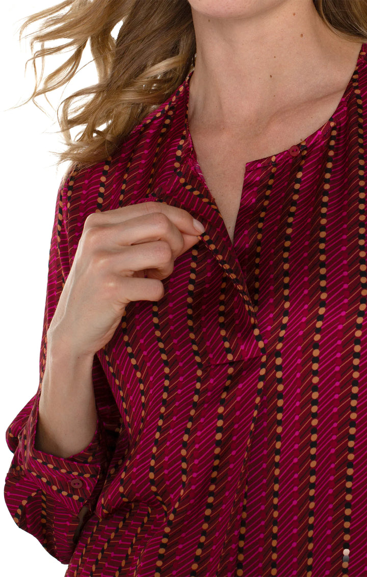 Long Sleeve Popover Woven Blouse in Ruby Dotted Stripe