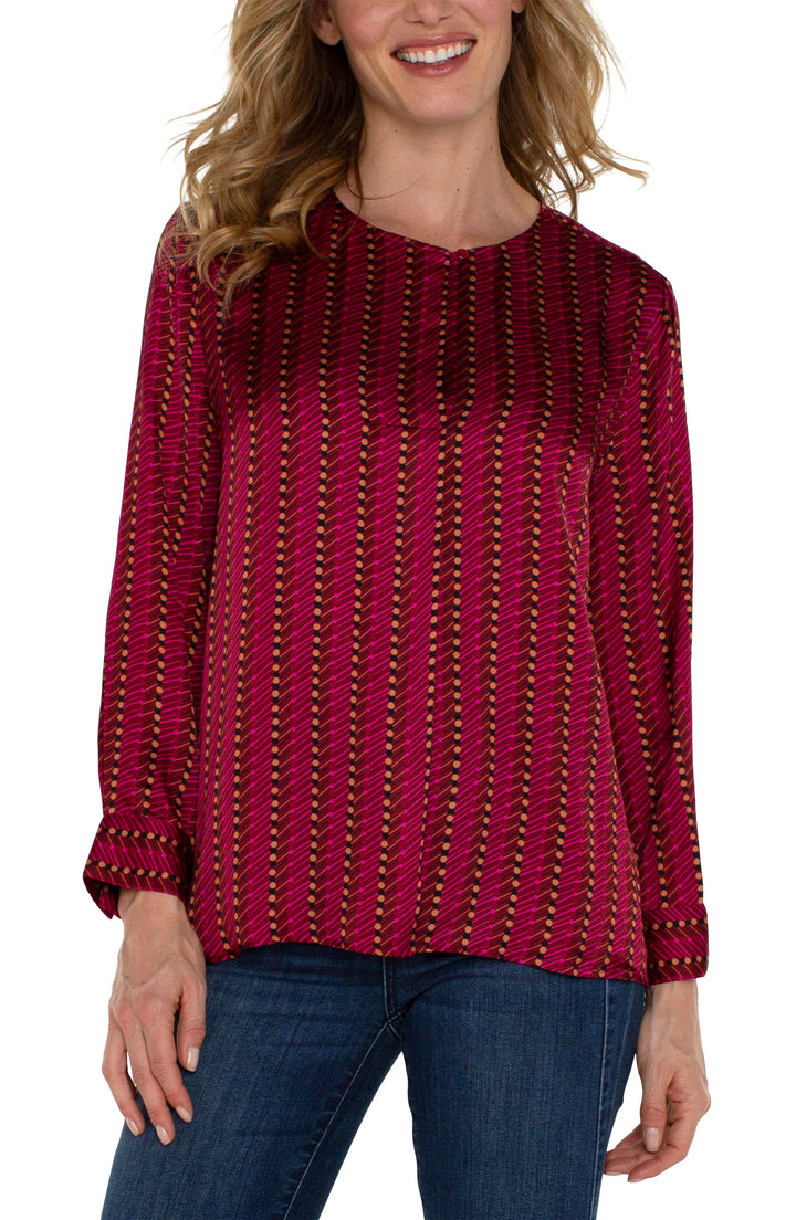 Long Sleeve Popover Woven Blouse in Ruby Dotted Stripe