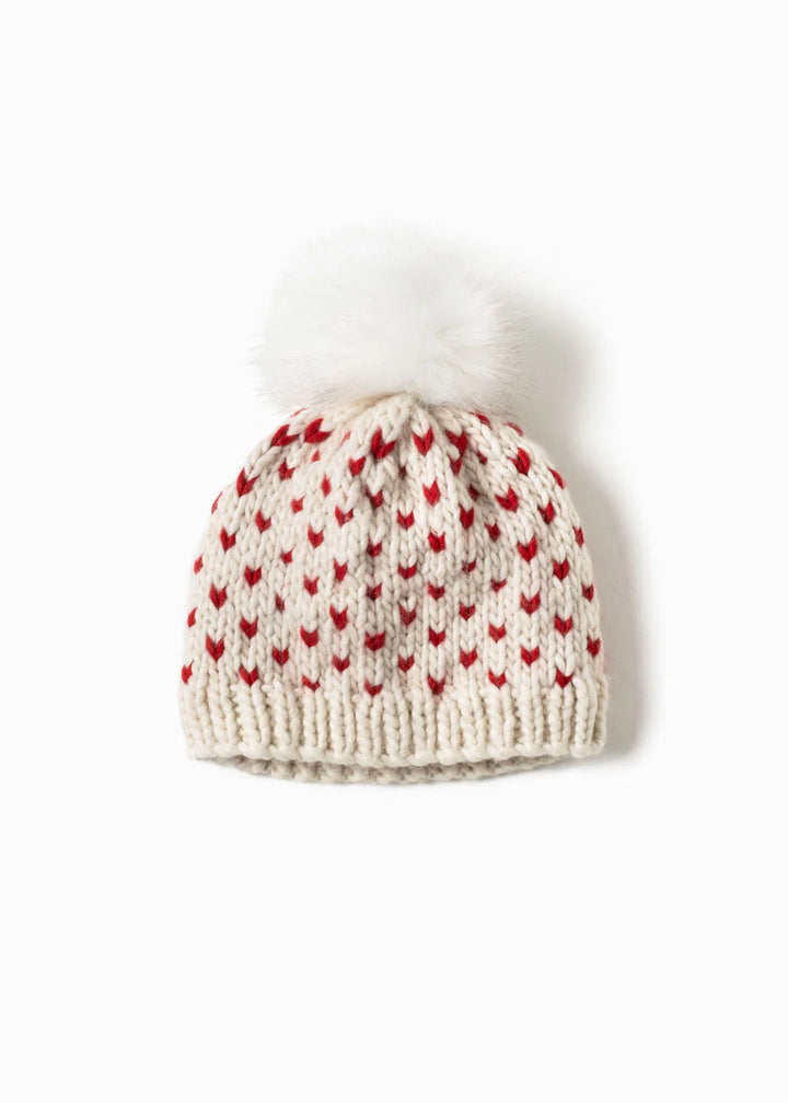 Little Hearts Pompom Hat in Ivory