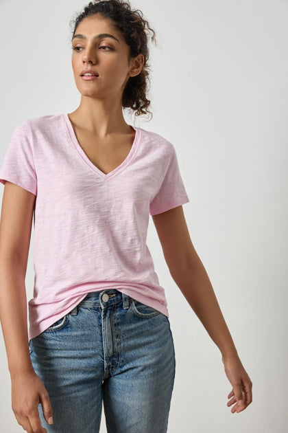 Short Sleeve Back Seam V-Neck In Peony