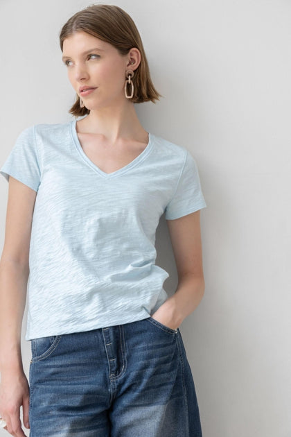 Short Sleeve Back Seam V-Neck In Spa