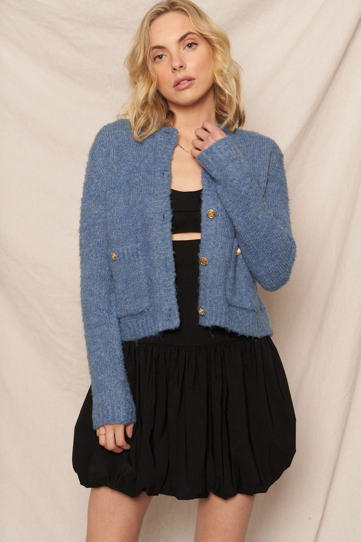 Blue Round Neck Sweater Cardigan