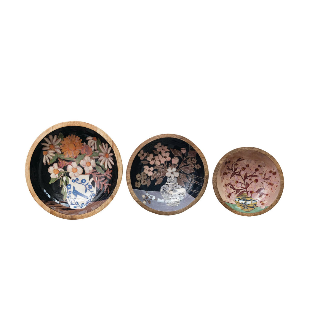 Flower Enamel and Wood Bowl