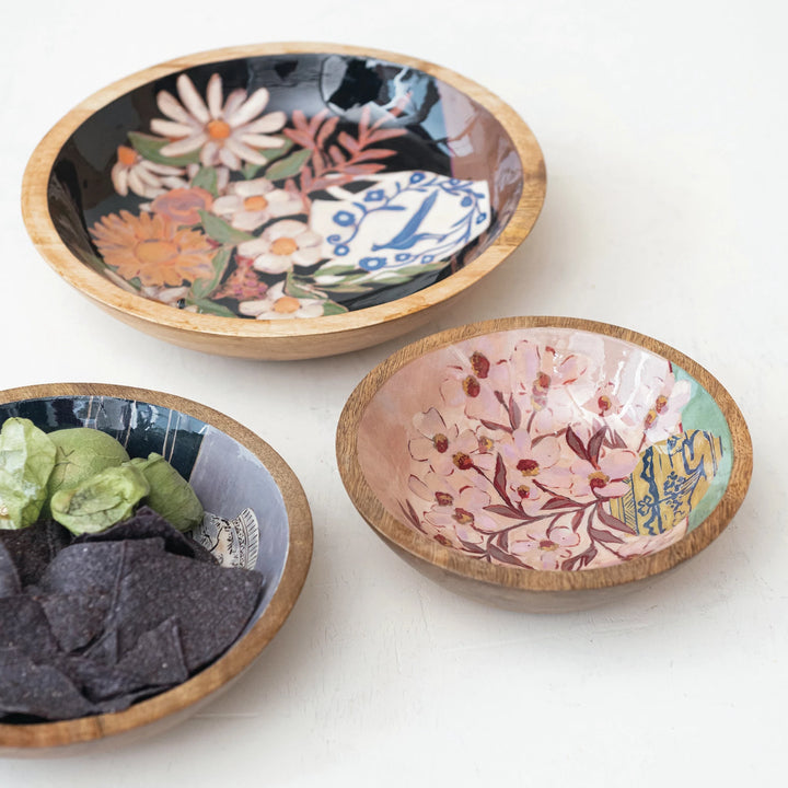 Flower Enamel and Wood Bowl