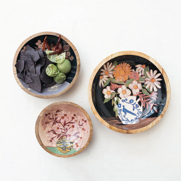 Flower Enamel and Wood Bowl