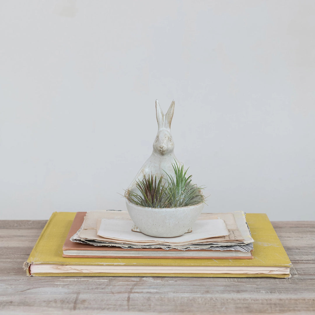 Stoneware Rabbit With Bowl/Planter