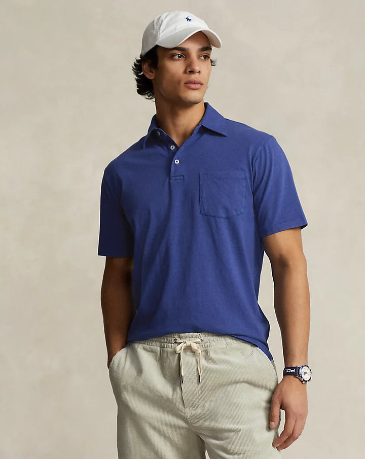 Short Sleeve Cotton Linen Polo with Pocket in Beach Royal - Madison's Niche 