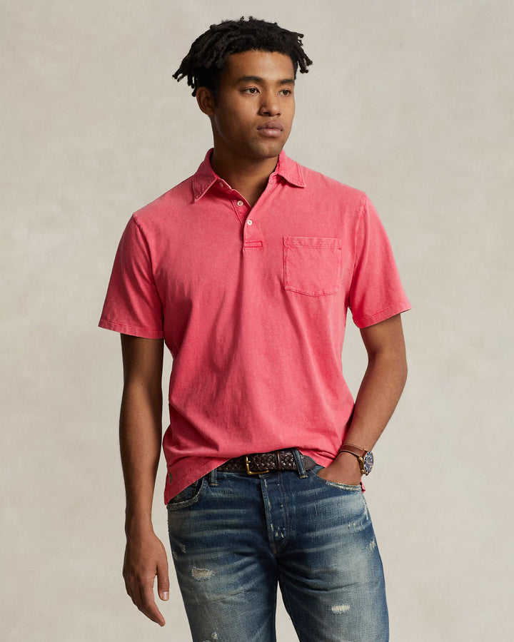 Short Sleeve Cotton Linen Polo with Pocket in Pale Red - Madison's Niche 