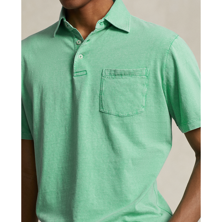 Short Sleeve Cotton Linen Polo with Pocket in Celadon