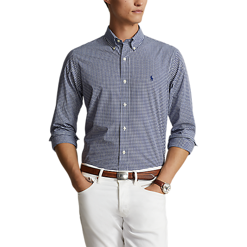 Long Sleeve Poplin Sport Shirt in Navy & White