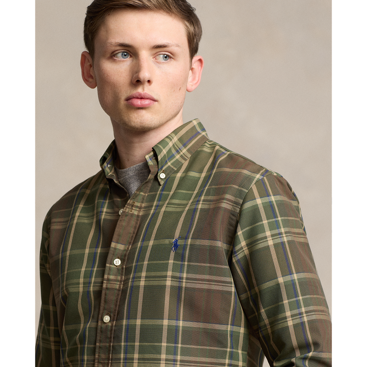 Long Sleeve Oxford Sport Shirt in Olive Brown Multi