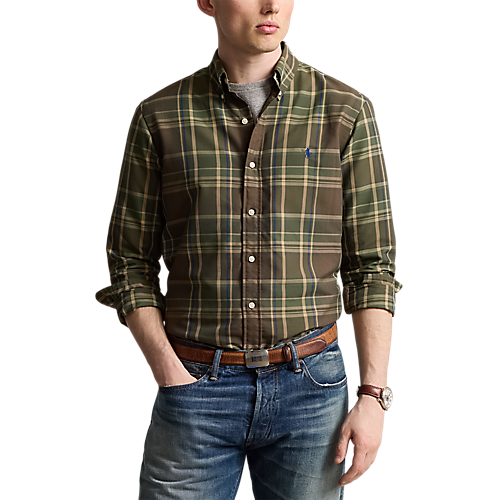 Long Sleeve Oxford Sport Shirt in Olive Brown Multi