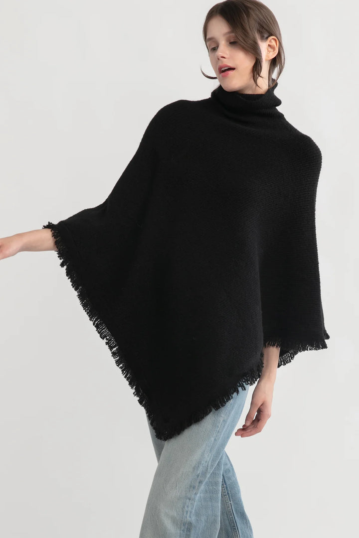 Tassel Knit Cape Poncho in Black