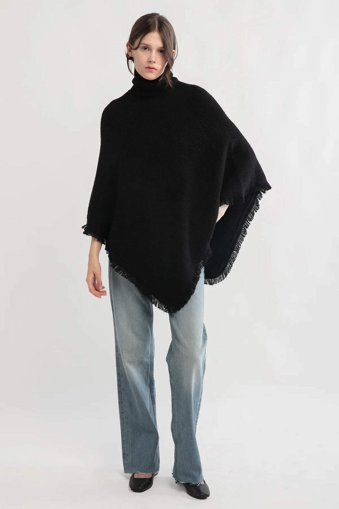 Tassel Knit Cape Poncho in Black