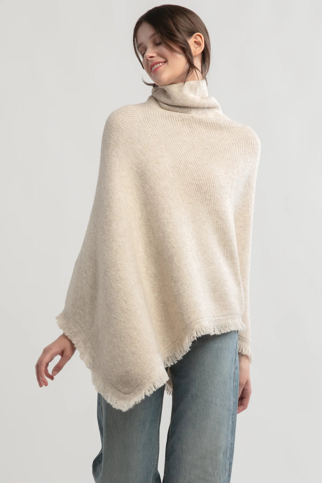 Tassel Knit Cape Poncho in Tan