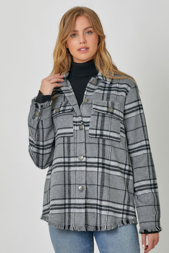 Grey Fringe Detailed Plaid Jacket