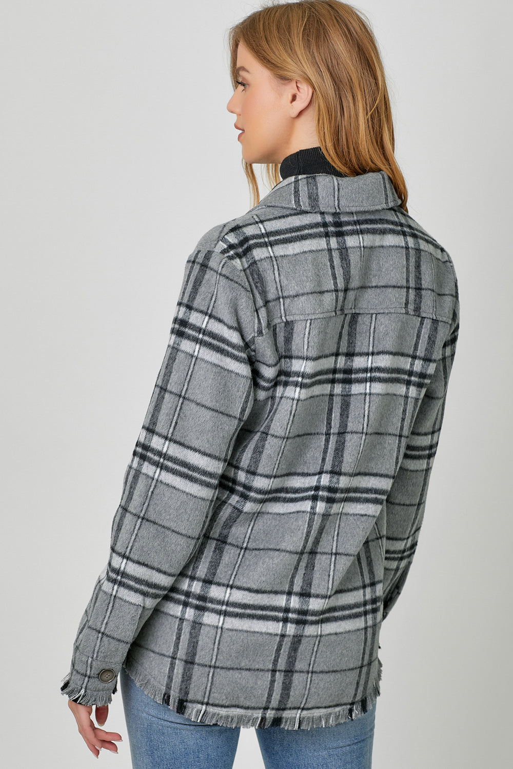 Grey Fringe Detailed Plaid Jacket