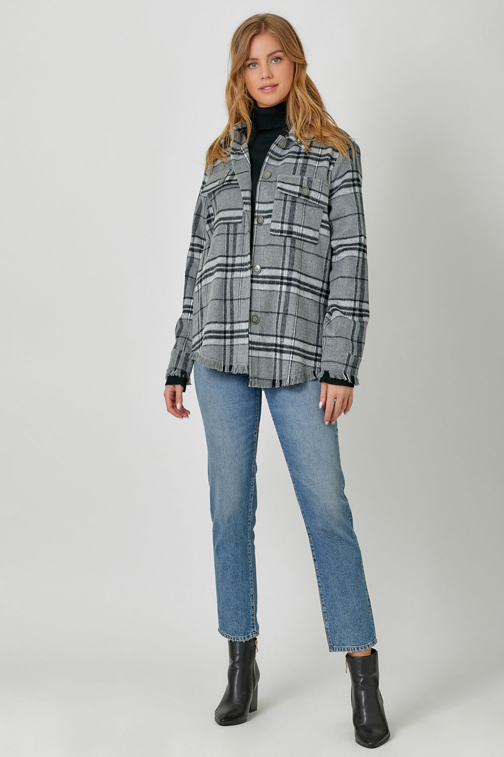 Grey Fringe Detailed Plaid Jacket